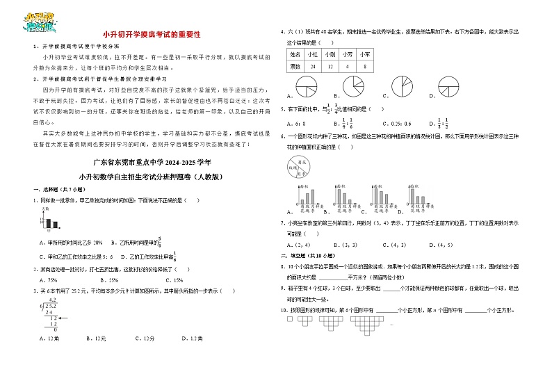 广东省东莞市重点中学2024-2025学年小升初数学自主招生考试分班押题卷（人教版）01