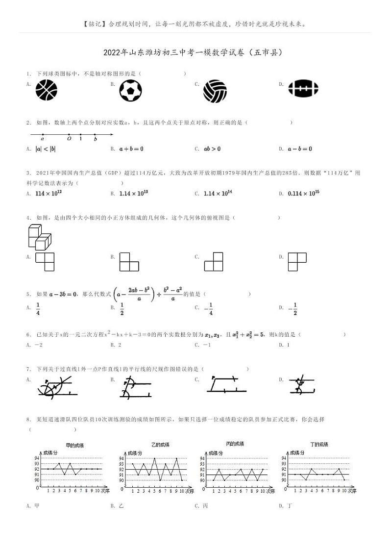 [数学][一模]2022年山东潍坊初三中考一模数学试卷(五市县)原题版第1页