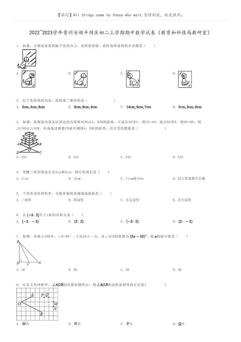 [数学]2022～2023学年贵州安顺平坝区初二上学期期中数学试卷(教育和科技局教研室)原题版第1页