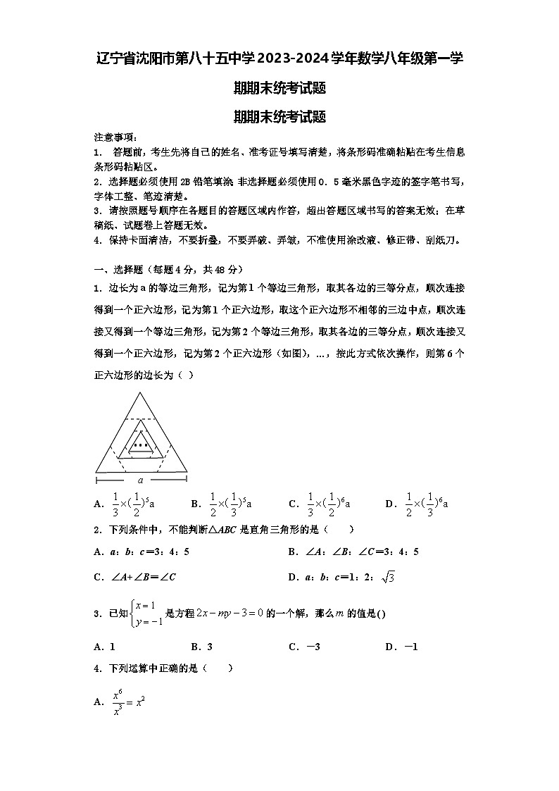 辽宁省沈阳市第八十五中学2023-2024学年数学八年级第一学期期末统考试题【含解析】第1页