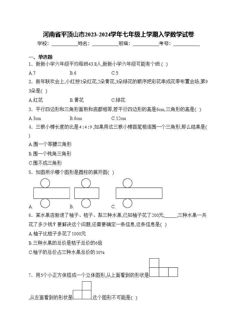 河南省平顶山市2023-2024学年七年级上学期入学数学试卷(含答案)01