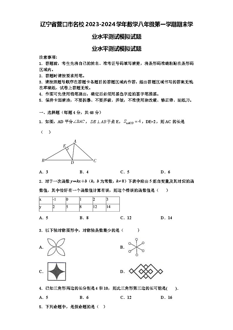 辽宁省营口市名校2023-2024学年数学八年级第一学期期末学业水平测试模拟试题【含解析】第1页