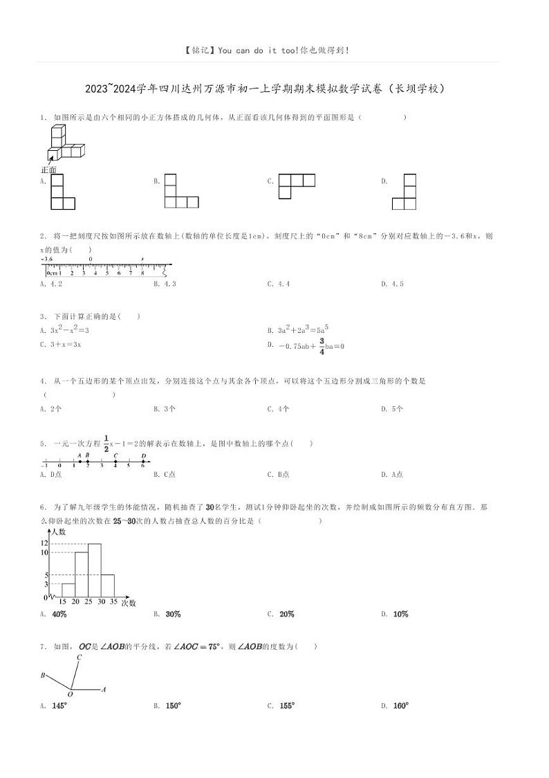 [数学]2023～2024学年四川达州万源市初一上学期期末模拟数学试卷(长坝学校)原题版第1页