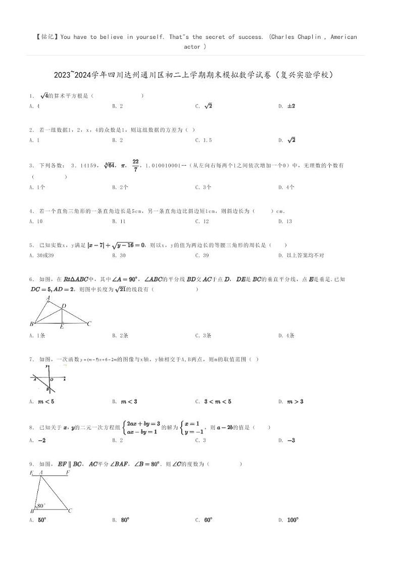 [数学]2023～2024学年四川达州通川区初二上学期期末模拟数学试卷(复兴实验学校)原题版第1页
