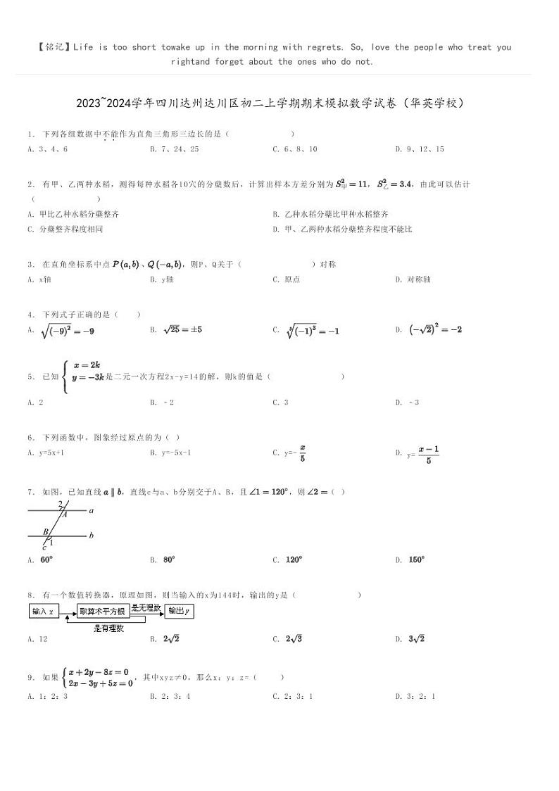 [数学]2023～2024学年四川达州达川区初二上学期期末模拟数学试卷(华英学校)原题版第1页