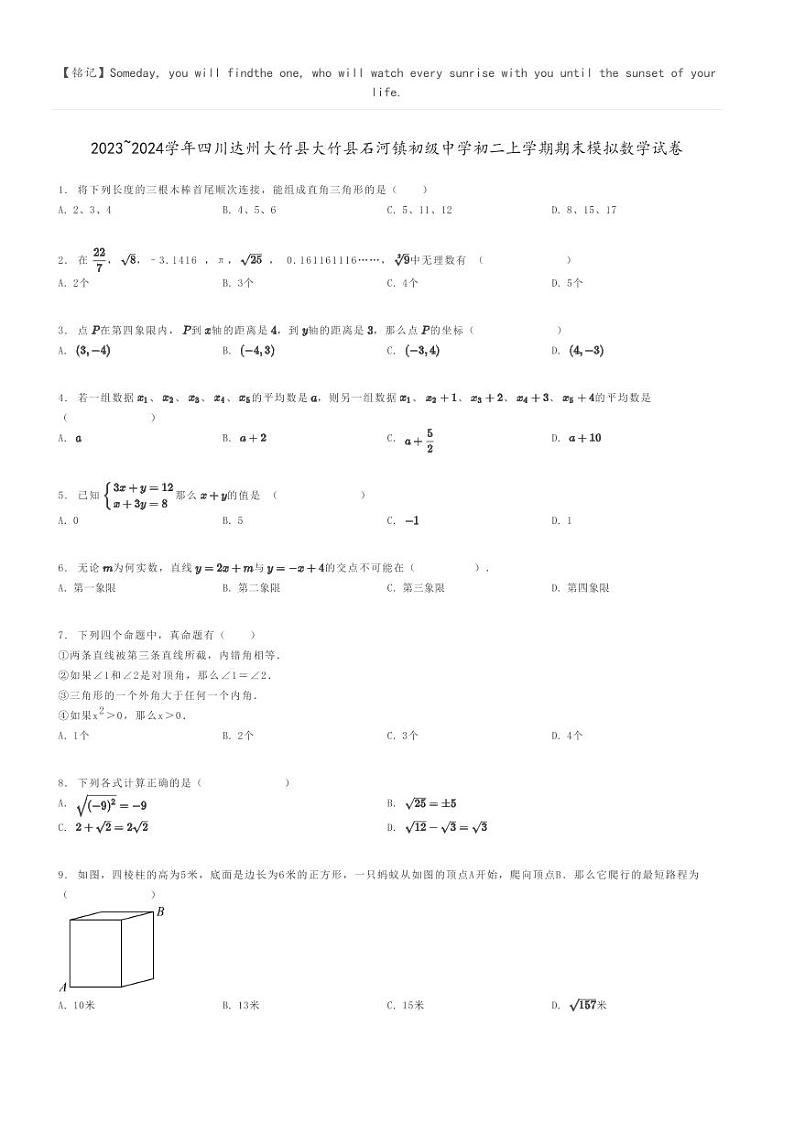 [数学]2023～2024学年四川达州大竹县大竹县石河镇初级中学初二上学期期末模拟数学试卷原题版第1页