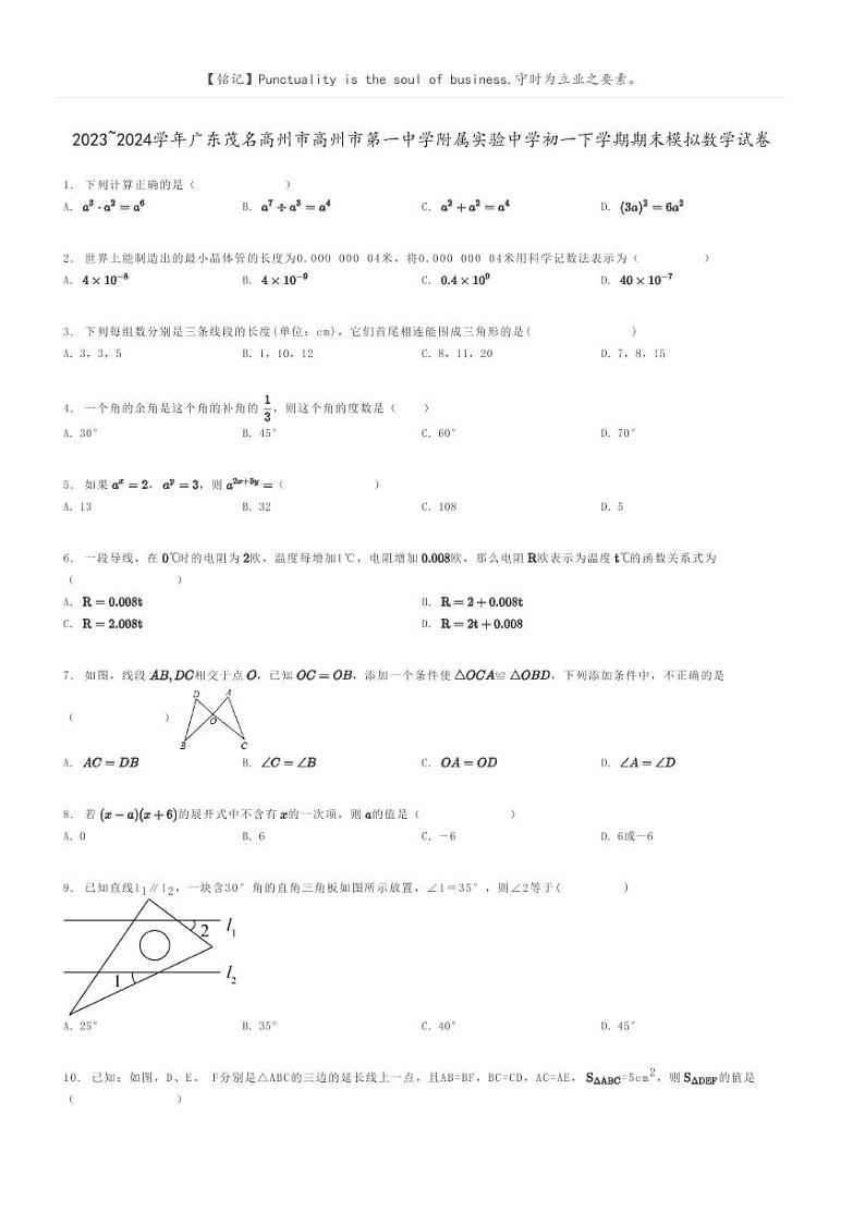 [数学]2023～2024学年广东茂名高州市高州市第一中学附属实验中学初一下学期期末模拟数学试卷原题版第1页