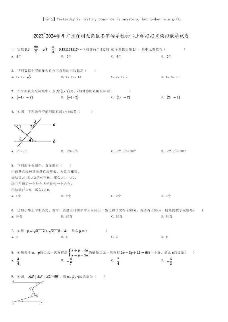 [数学]2023～2024学年广东深圳龙岗区石芽岭学校初二上学期期末模拟数学试卷原题版第1页
