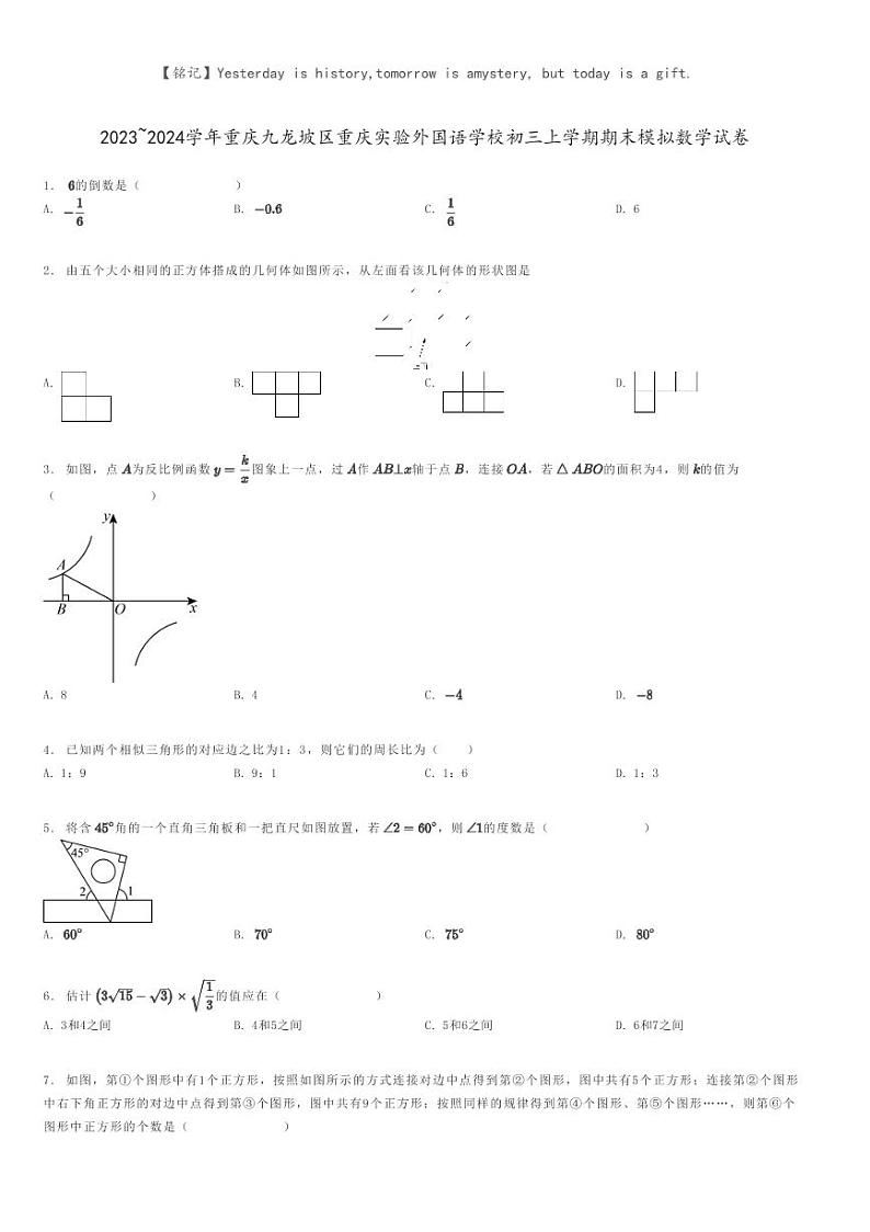 [数学]2023～2024学年重庆九龙坡区重庆实验外国语学校初三上学期期末模拟数学试卷原题版第1页