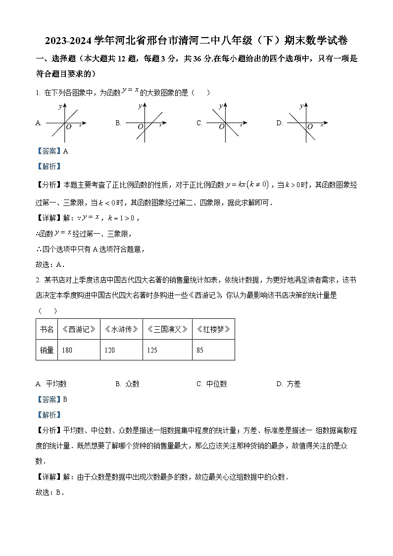河北省邢台市清河县2023-2024学年八年级下学期期末数学试题（解析版）第1页