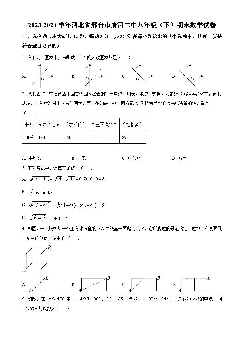 河北省邢台市清河县2023-2024学年八年级下学期期末数学试题（原卷版）第1页