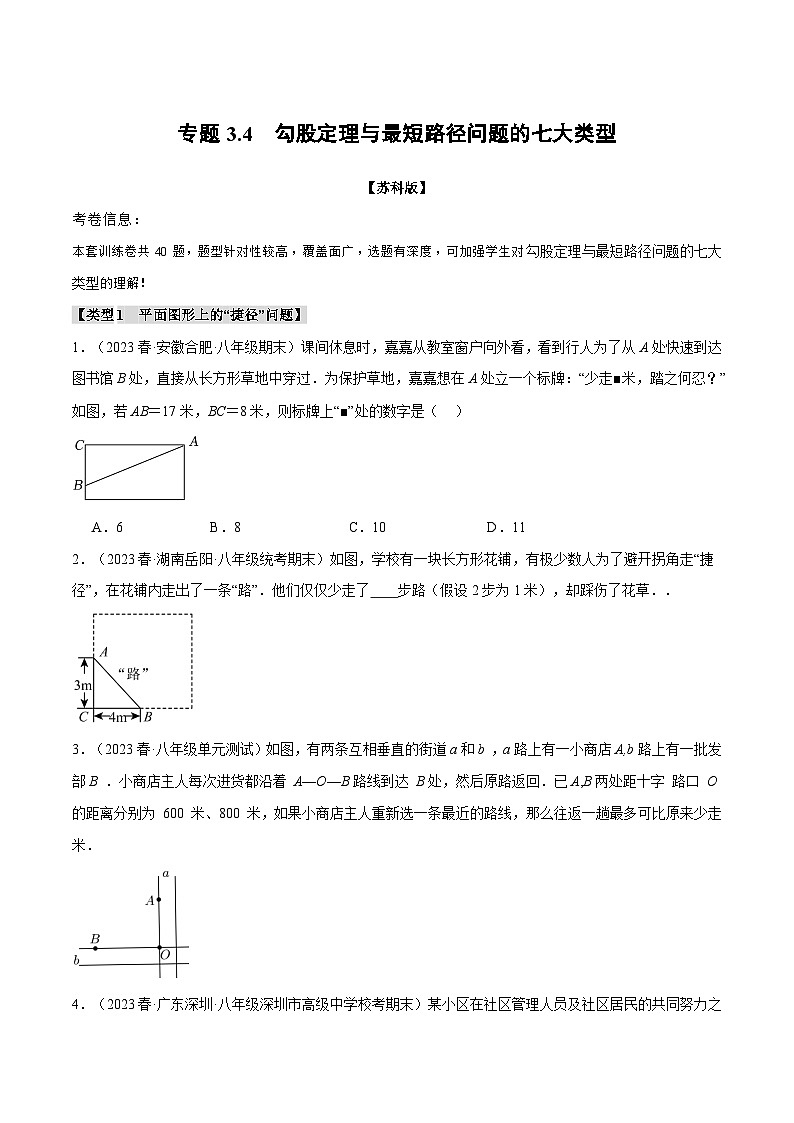 3.4 勾股定理与最短路径问题的七大类型练习（苏科版）（学生版）第1页