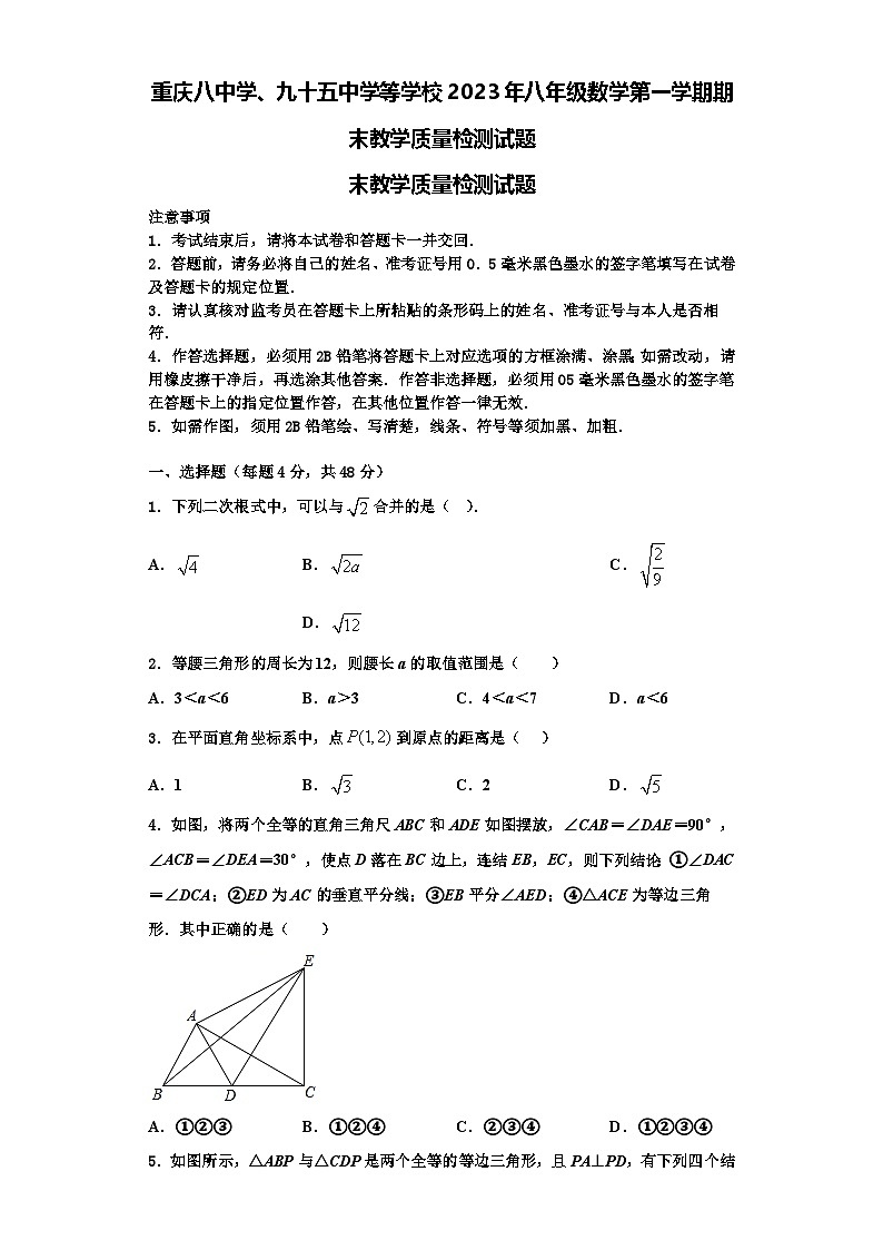 重庆八中学、九十五中学等学校2023年八年级数学第一学期期末教学质量检测试题【含解析】第1页