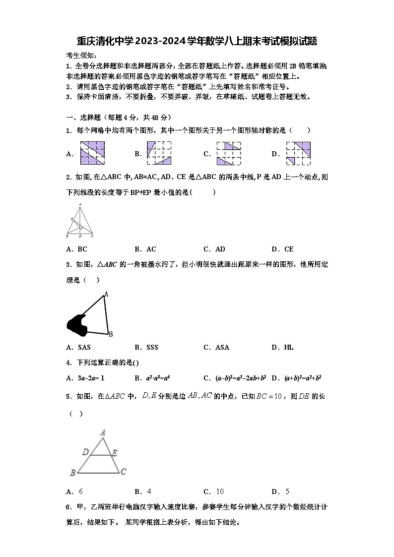 重庆清化中学2023-2024学年数学八上期末考试模拟试题【含解析】第1页
