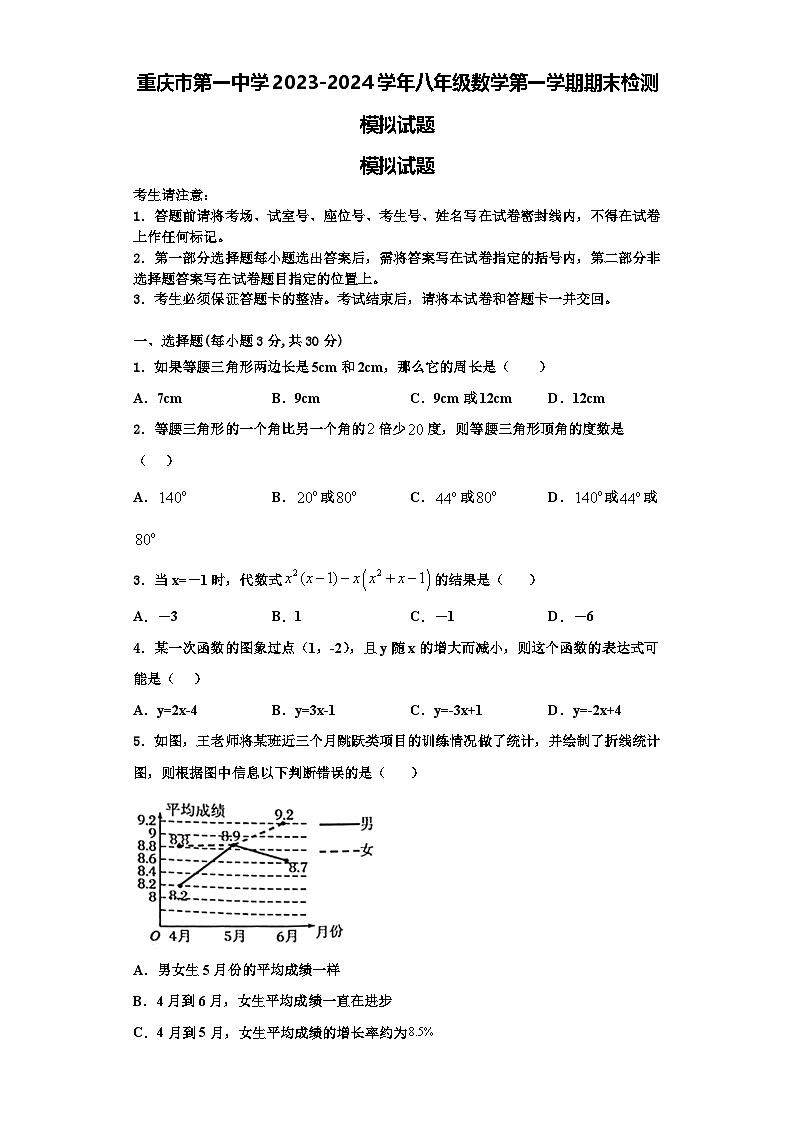 重庆市第一中学2023-2024学年八年级数学第一学期期末检测模拟试题【含解析】第1页