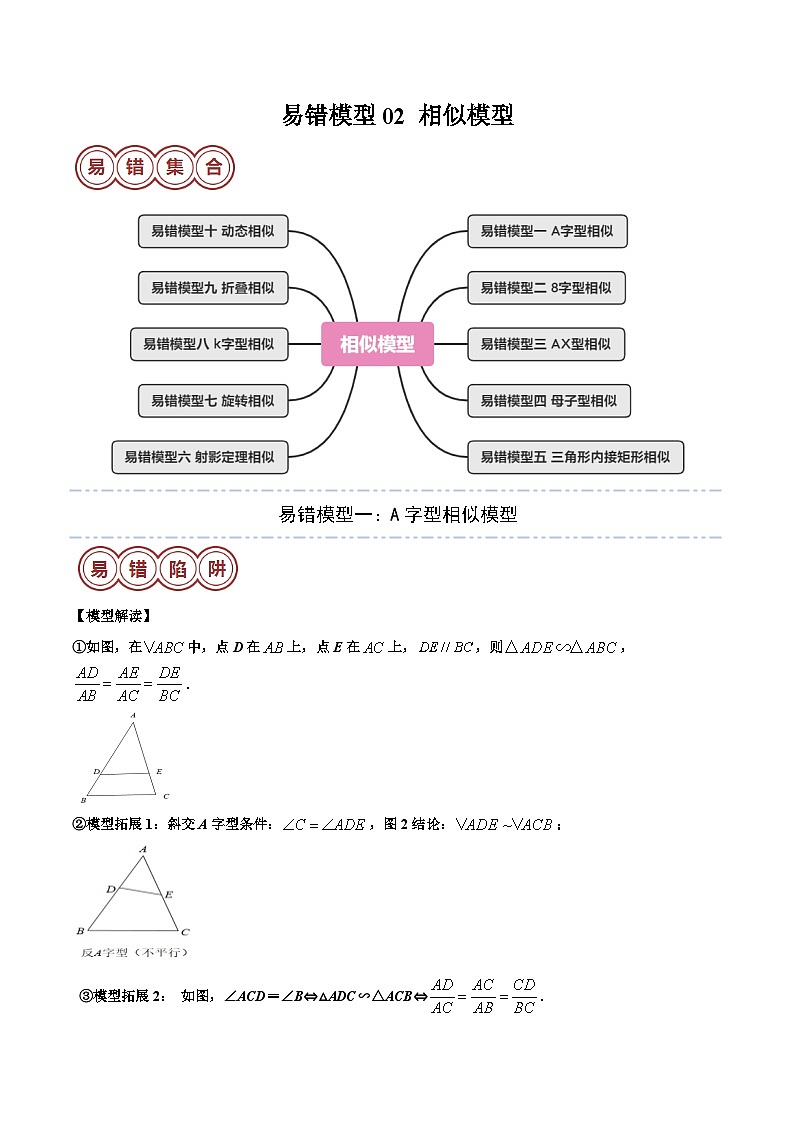 2024年中考数学易错模型02 相似模型（十大易错分析+变式训练+易错题通关）（原卷版）第1页