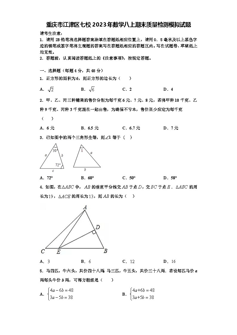 重庆市江津区七校2023年数学八上期末质量检测模拟试题【含解析】第1页
