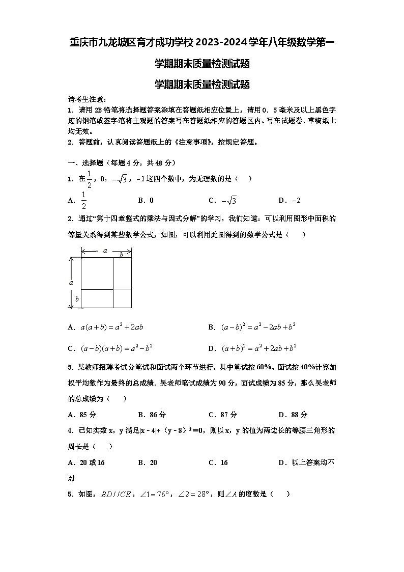 重庆市九龙坡区育才成功学校2023-2024学年八年级数学第一学期期末质量检测试题【含解析】01