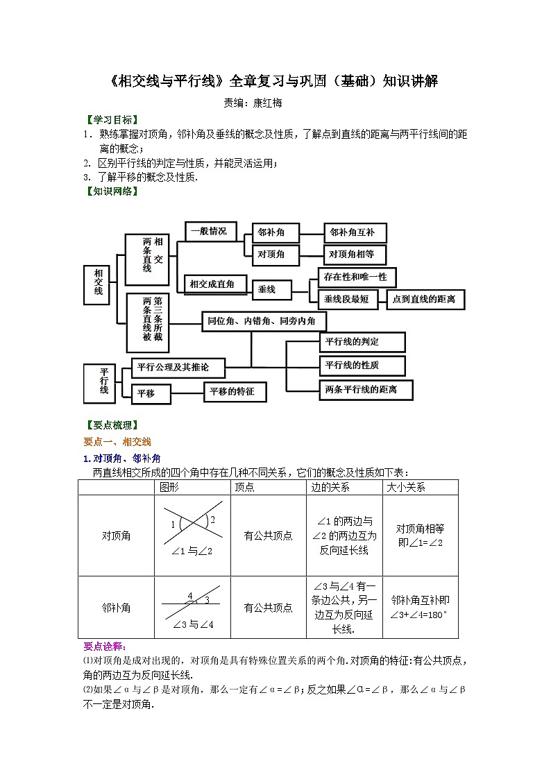《相交线与平行线》全章复习与巩固(基础)知识讲解第1页