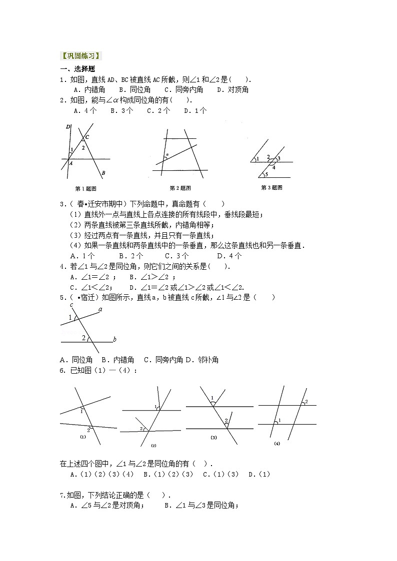 同位角、内错角、同旁内角（不分层）巩固练习01