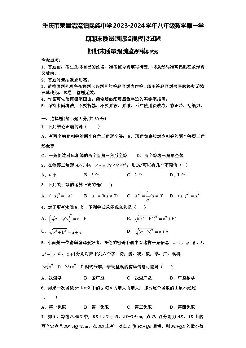 重庆市荣昌清流镇民族中学2023-2024学年八年级数学第一学期期末质量跟踪监视模拟试题【含解析】01
