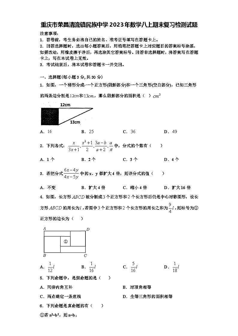 重庆市荣昌清流镇民族中学2023年数学八上期末复习检测试题【含解析】01