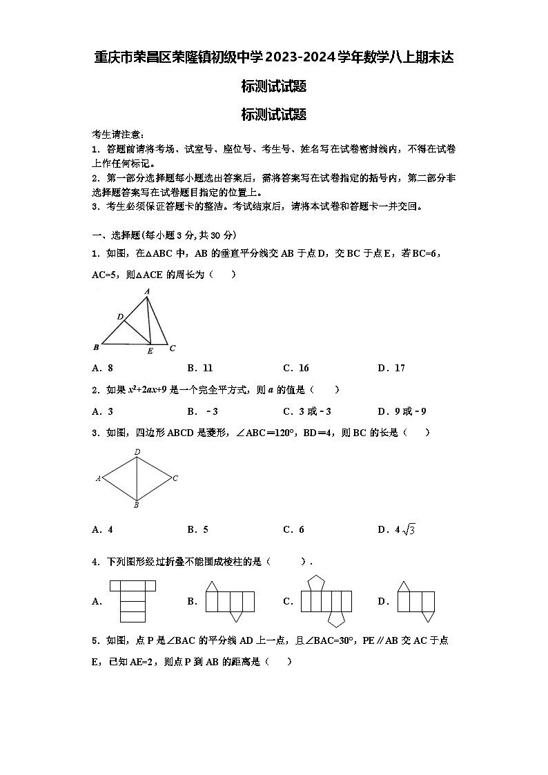 重庆市荣昌区荣隆镇初级中学2023-2024学年数学八上期末达标测试试题【含解析】01