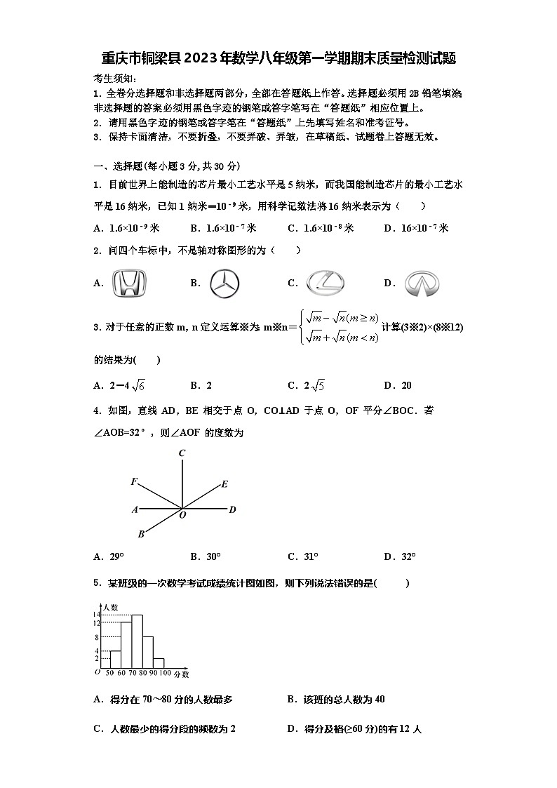 重庆市铜梁县2023年数学八年级第一学期期末质量检测试题【含解析】第1页