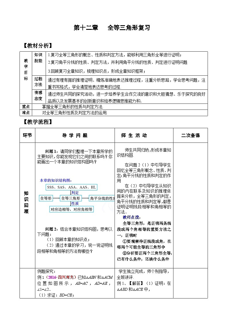 人教版八年级数学上册12章全等三角形 复习教案01