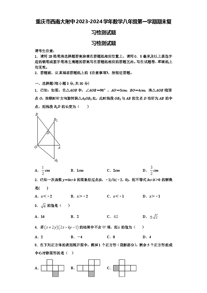 重庆市西南大附中2023-2024学年数学八年级第一学期期末复习检测试题【含解析】01