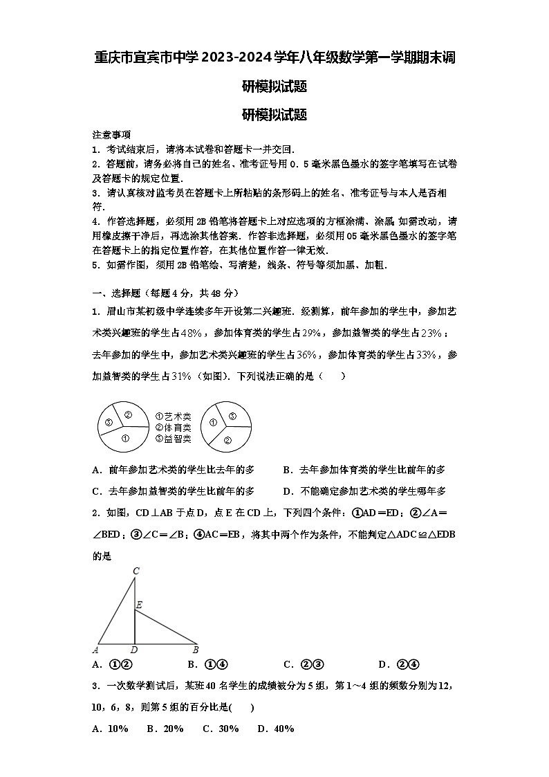 重庆市宜宾市中学2023-2024学年八年级数学第一学期期末调研模拟试题【含解析】第1页