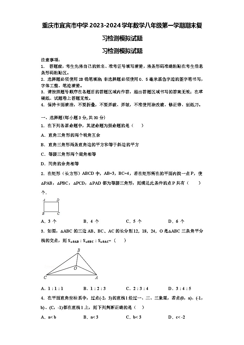 重庆市宜宾市中学2023-2024学年数学八年级第一学期期末复习检测模拟试题【含解析】01