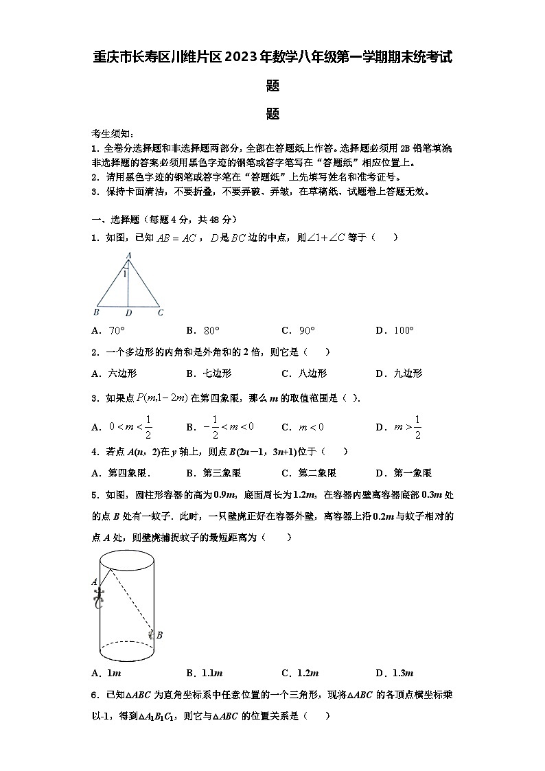 重庆市长寿区川维片区2023年数学八年级第一学期期末统考试题【含解析】01