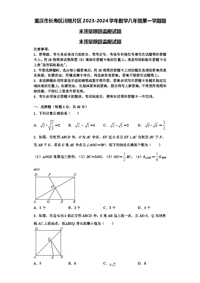 重庆市长寿区川维片区2023-2024学年数学八年级第一学期期末质量跟踪监视试题【含解析】01