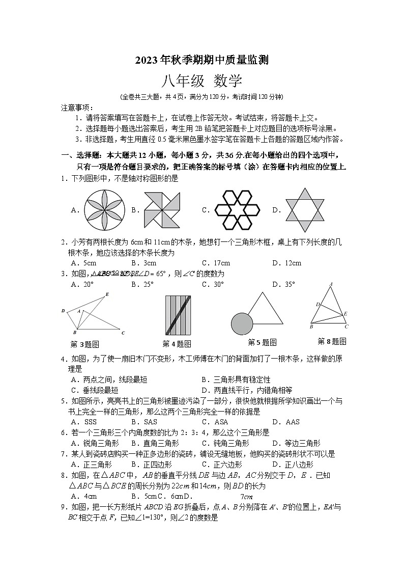 广西玉林市部分地区2023-2024学年八年级上学期期中质量监测数学试卷(含答案)第1页