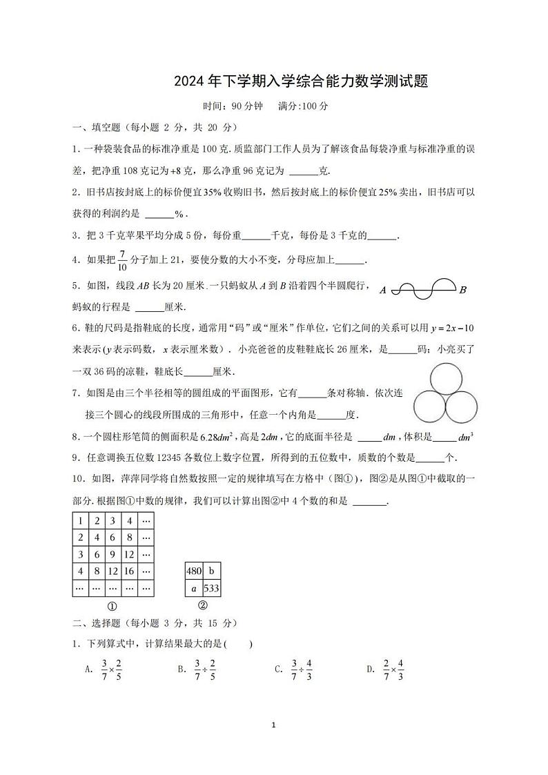 湖南省衡阳市部分学校2024-2025学年七年级上学期新生入学综合能力数学测试题（开学考）第1页
