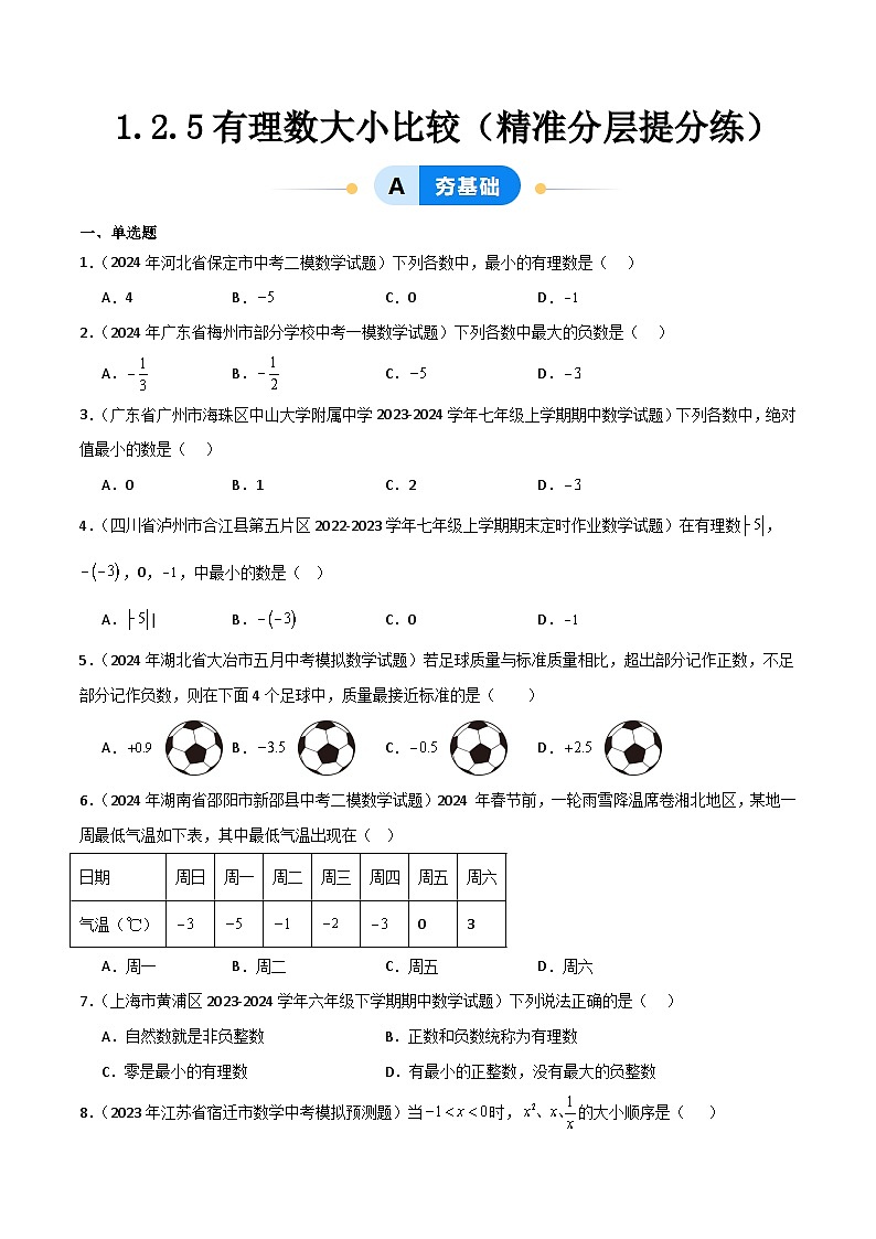 七年级数学上册同步 （人教版2024）1.2.5有理数的大小比较 课件+同步练习含解析01