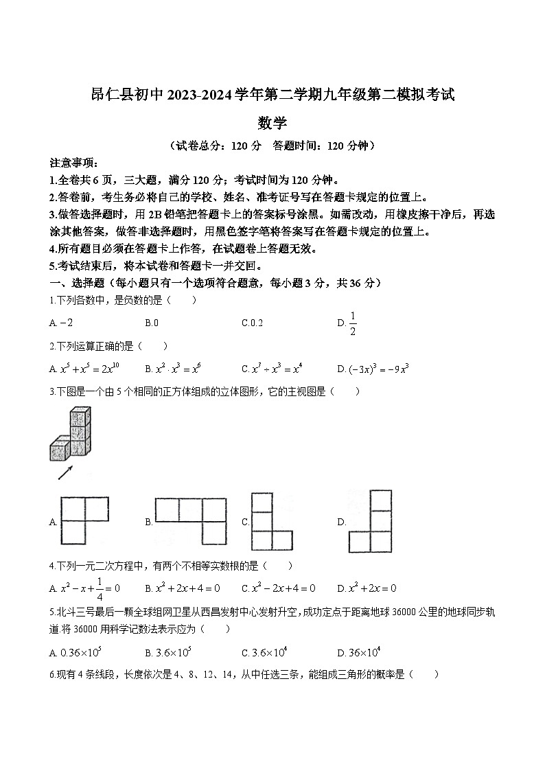 西藏自治区日喀则市昂仁县2024届九年级下学期中考二模数学试卷(含答案)01