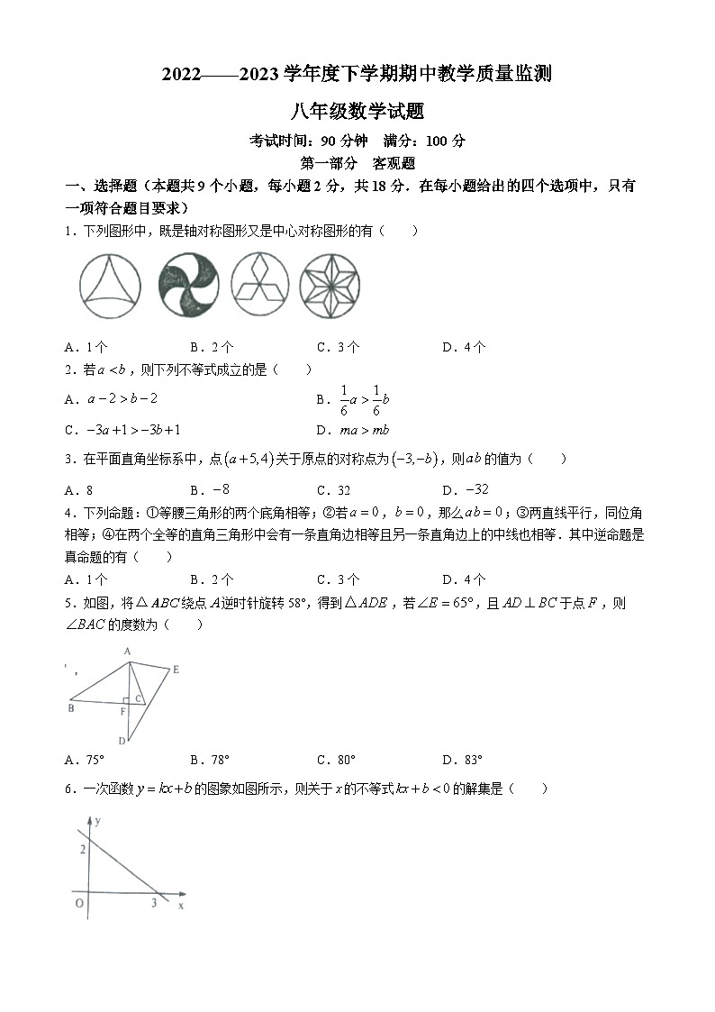 辽宁省丹东市东港市2022-2023学年八年级下学期期中数学试题第1页