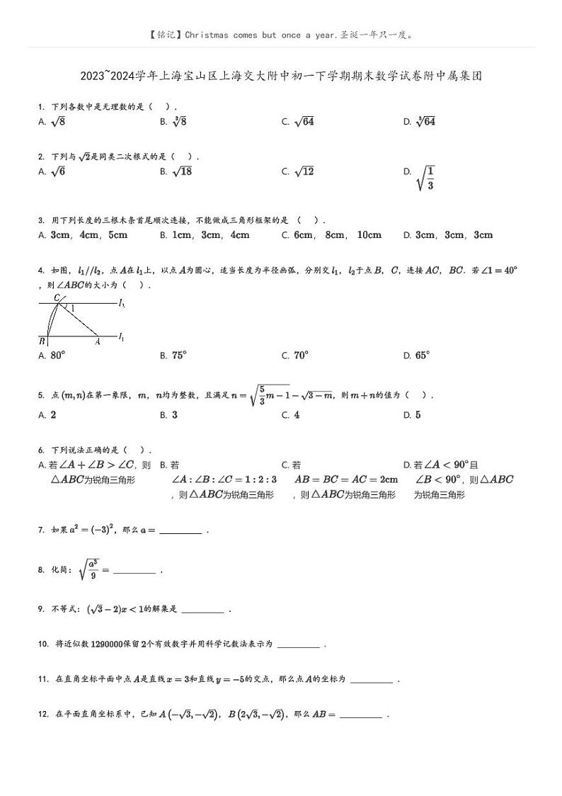 [数学][期末]2023_2024学年上海宝山区上海交大附中初一下学期期末数学试卷附中属集团原题版第1页