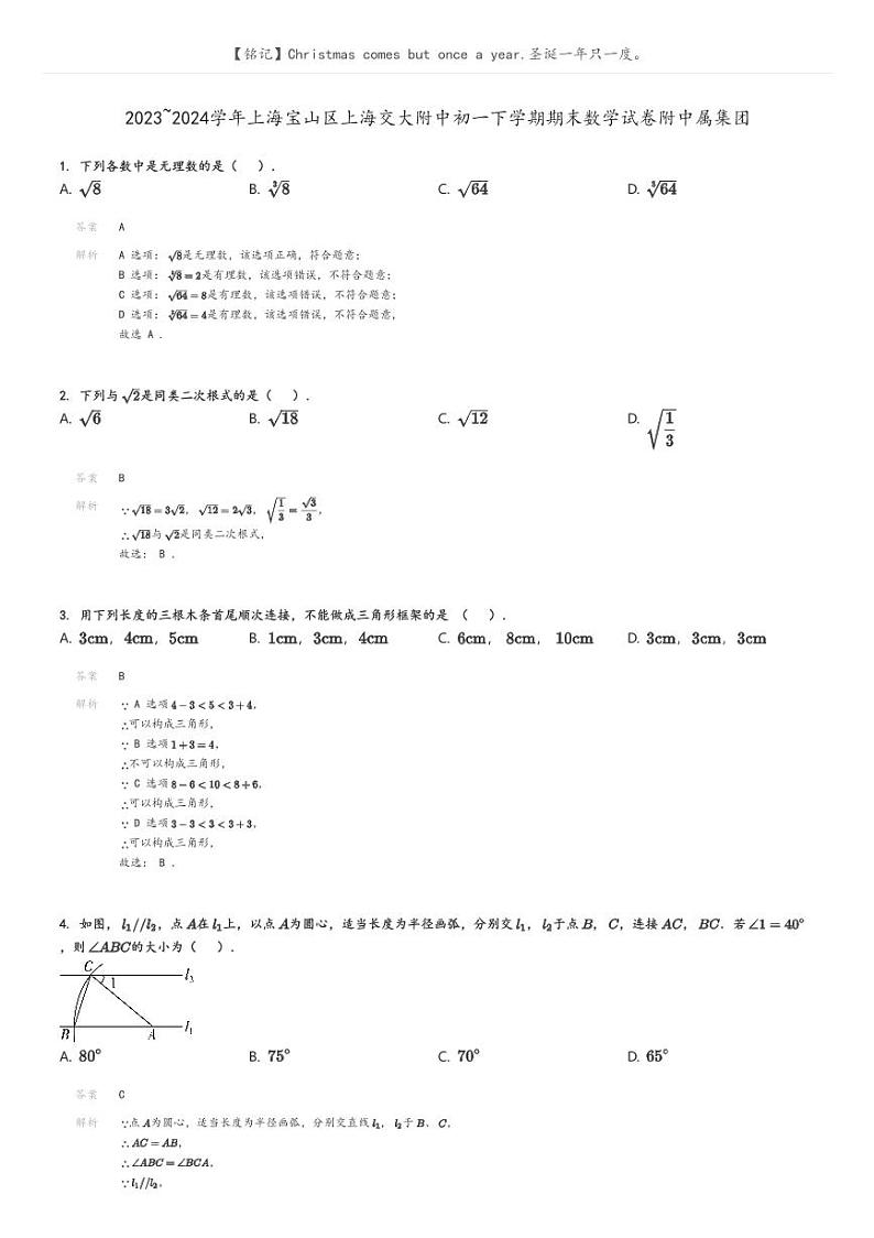 [数学][期末]2023_2024学年上海宝山区上海交大附中初一下学期期末数学试卷附中属集团解析版第1页