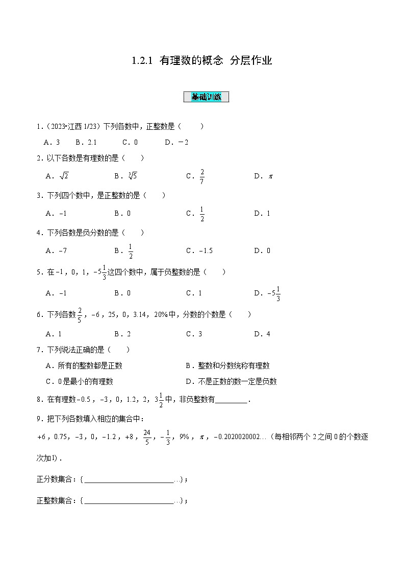 【核心素养】人教版数学七年级上册 1.2.1 有理数的概念（分层作业）（原卷版）第1页