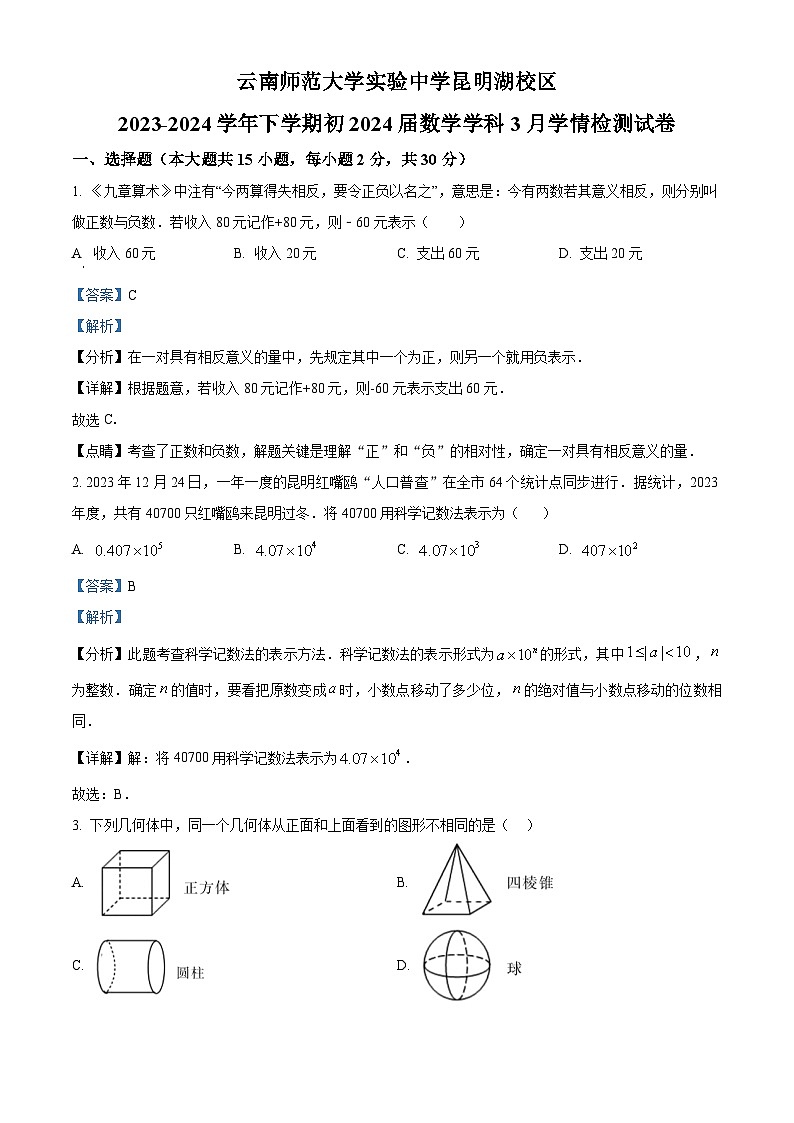 云南省云南师范大学实验中学昆明湖校区2023-2024学年九年级下学期数学开学考试试题（原卷版+解析版）01