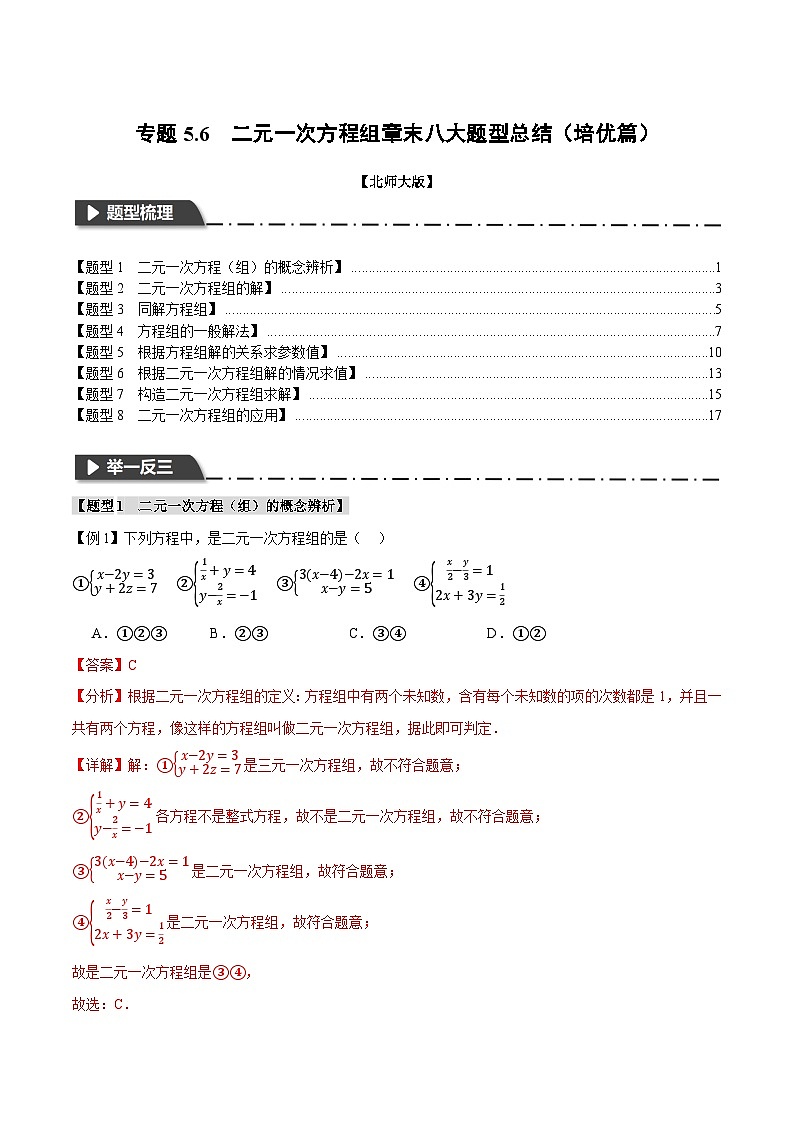 专题5.6 二元一次方程组章末八大题型总结（培优篇）（北师大版）（解析版）第1页