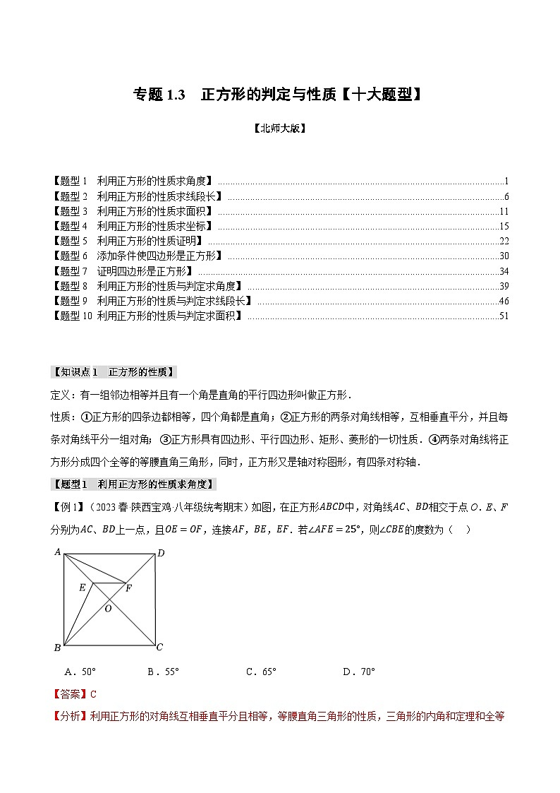 专题1.3正方形的判定与性质【十大题型】-2024-2025学年九年级数学上册举一反三系列（北师大版）01