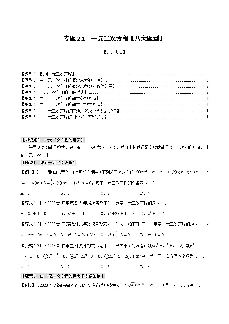 专题2.1一元二次方程【八大题型】-2024-2025学年九年级数学上册举一反三系列（北师大版）01