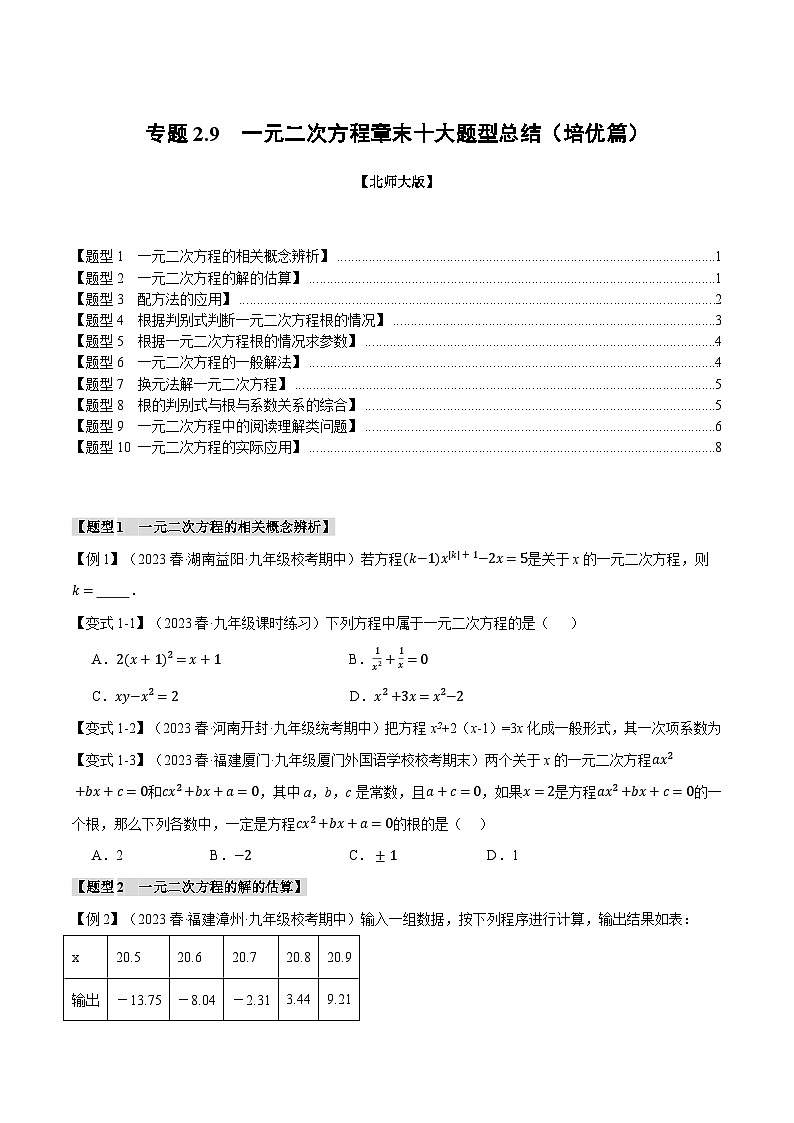 专题2.9 一元二次方程章末十大题型总结（培优篇）-2024-2025学年九年级数学上册举一反三系列（北师大版）01