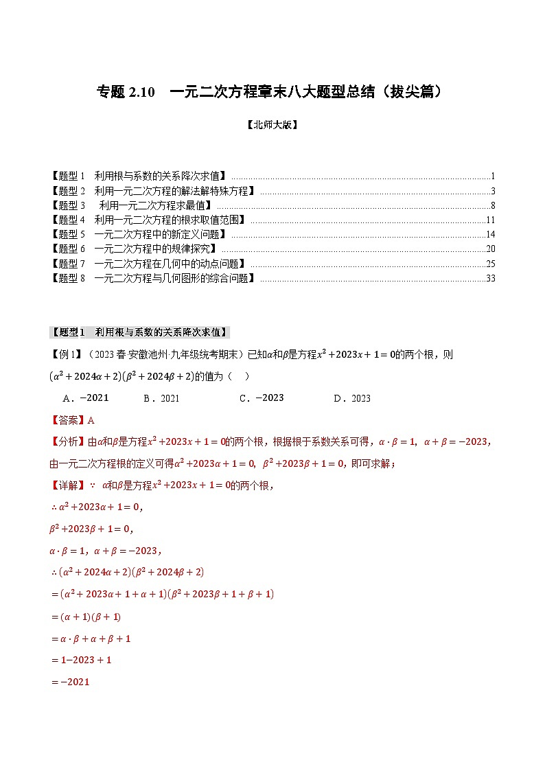 专题2.10 一元二次方程章末八大题型总结（拔尖篇）-2024-2025学年九年级数学上册举一反三系列（北师大版）01