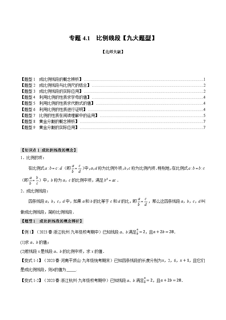 专题4.1 比例线段【九大题型】（举一反三）（北师大版）（原卷版）第1页