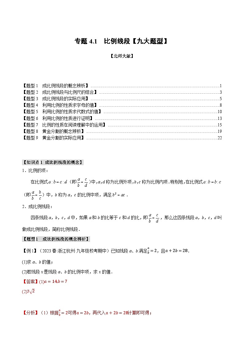 专题4.1 比例线段【九大题型】（举一反三）（北师大版）（解析版）第1页